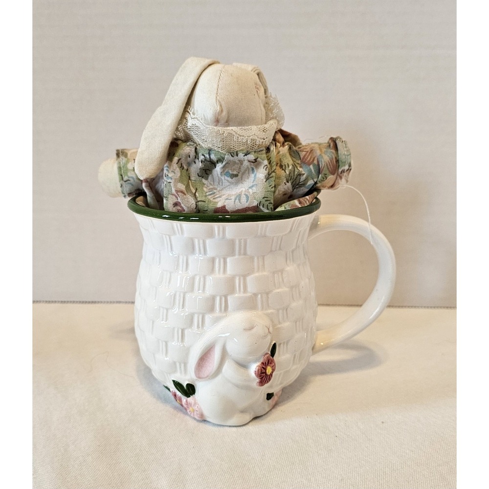 Vintage Spring Bunny Basket Design Coffee Mug Avon-Cloth Bunny Included!